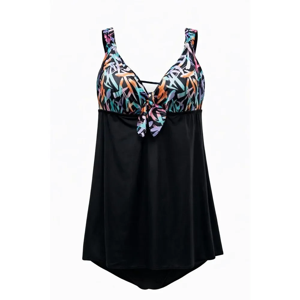 Longitude Size 22 Black Abstract Tie Front Skirted One Piece Swimsuit